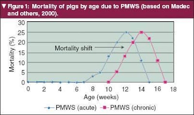 Figure 1: Mortality of pigs by age due to PMWS (based on Madec and others, 2000).