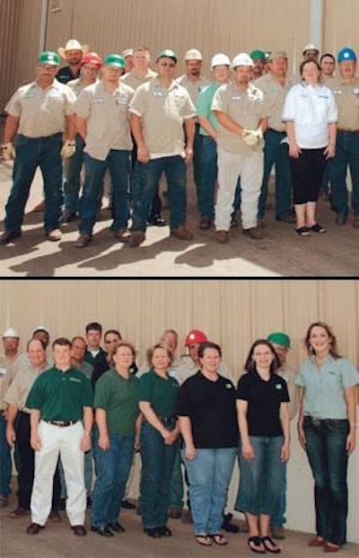 First shift at Cargill-Giddings (left to right): Mark D Matthijetz, Utility Technician, 15 years; Thomas D Hines, Sales Consultant, 18; Delbert B Boettcher, Maintenance Technician, 19; Steven S Vaclavik, Process Technician, 6; Joe D Comte, Sales Consultant, 6; Chase T Jacob, District Merchant, 1; Donald R Schroeder, Packaging Technician, 26; Gordon S Lehmann, Packaging Technician, 12; TJ Trout, Plant Operations Manager, 8; Jason L King, Customer Service Technician, 1; Fernando Escalante, Mixing Technician, 34; Christopher S Handrick, Lead Technician, 11; Calvin J Patschke, Assistant Plant Manager, 23; Sherri G Schimank, Business Support Associate, 8; Tommy D Lehmann, Block Press Technician, 22; Kolby R Malesich, Business Manager, 3; Byron L Sommerlatte, Plant Manager, 26; Corey L Handrick, Bulk Receiving/Loadout Technician, 21; John E Windwehen, General Manager, 29; John F Joiner, Customer Service Technician, 26; James W Loveday, Logistics Specialist, 6; Cory A Mickey, Sales Consultant, 5; Brady L Wilson, District Merchant, 8; James A Leible, Sales Consultant, 30; Pauline A Falke, Customer Solutions Associate, 37; Carolyn D Schneider, District Merchant, 29; Stephen R Janda, HACCP Coordinator, 21; Martin W Albrecht, Maintenance Technician, 21; Rose M Tharp, Customer Solutions Associate, 13; Leann R Brade, Business Support Associate, 3; Terry L Flippo, Customer Service Technician, 25; Lindsey Kubecka Connally, Sales Consultant, 2.