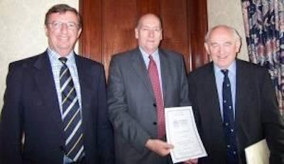 15th Temperton Fellow, Dr Laughlin (centre), receiving his award from Professor Wynne Jones (left; Principal of Harper Adams University College) and Peel Holroyd (right; Chairman of the Temperton Fellowship)
