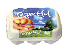 Labelling on the new pack of Respectful eggs 6 free-range eggs from hens carefully reared using sustainable energy sources such as wind and solar power. Fact: 1000 hens reared this way saves 60 trees. The box also carries the Lion Quality' logo, which indicates that the eggs are produced in the United Kingdom and that the birds have been vaccinated against salmonella to minimise the risk of food-borne disease.
