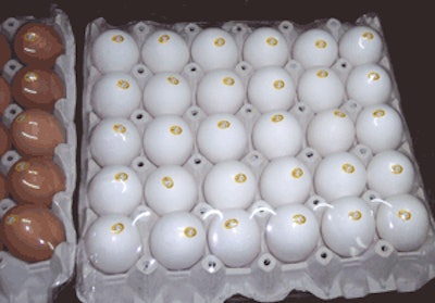Empaque típico de huevos. La Barranca marca cada huevo individualmente con una calcomanía