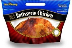 Sustainable packaging, like this pouch for rotisserie birds, can save money because it uses less raw materials and reduces transportation costs.