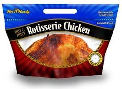 Sustainable packaging, like this pouch for rotisserie birds, can save money because it uses less raw materials and reduces transportation costs.