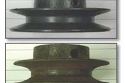 Worn fan pulleys, like the one at the bottom, develop a 'U' shape, which reduces the effective size of the motor pulley reducing fan speed and output.