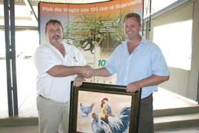 Pieter Oosthuysen, manager of Cobb South Africa, left, with Jaco Viljoen, manager of Opti Chicks.