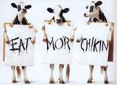 The cows in the Chick-fil-A ad are just trying to save their own skins, but they do have a point. When chicken substitutes for other meats, less grain and water are needed and total sustainability is improved.