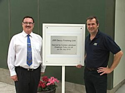 Tulip UK chairman Carsten Jakobsen (left) and JSR Farming Group chairman Tim Rymer at the opening of new weaning to finishing facility for JSR Genetics at Decoy in East Yorkshire, UK.