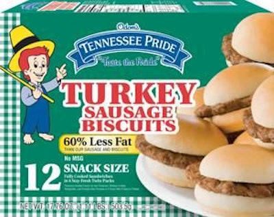 Tennessee Pride's new turkey sausage biscuits have less fat than the company's regular sausage biscuits.