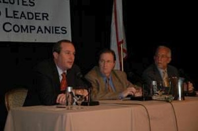 Colin Wood (left) of the National Cattlemen’s Beef Association (NCBA) participated in a panel at the National Chicken Council annual meeting. Looking on are fellow panelists Pete Thomson of the House Agriculture Committee and Gary Kushner of law firm, Hogan Lovells.