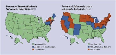 Distiribution of Salmonella enteritidis in the US 1985-1994 (Source; CDC)