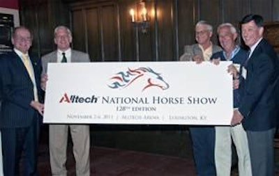 Dr. Pearse Lyons, president and founder of Alltech; John Nicholson, executive director of the Kentucky Horse Park; Hugh Kincannon, co-manager of the National Horse Show; Leo Conroy, co-manager of the National Horse Show; and Eric Straus, board member of the National Horse Show, announce Alltech's title sponsorship of the National Horse Show by unveiling a new logo for the event.
