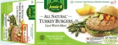 The products subject to recall include 4-pound boxes of Jennie-O Turkey Store 'All Natural Turkey Burgers with seasonings Lean White Meat.' Each box contains 12 1/3-pound individually wrapped burgers. A use by date of Dec. 23, 2011, and an identifying lot code of 32710 through 32780 are inkjetted on the side panel of each box.