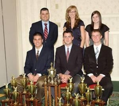 The winning Texas A&M team (seated from left): Kyle Sells, Christopher Clay, also the individual winner, and Jake Pieniazek; (standing from left): Dr. Jason Lee (coach), Ashley Hill and Amy O’Quinn.