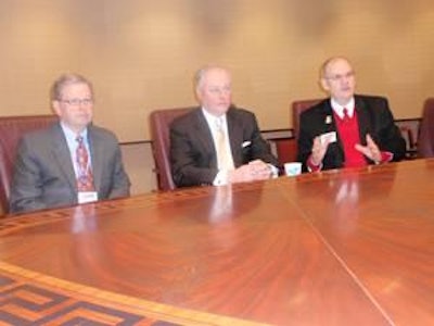 Leaders of the three associations co-locating their shows explained their future plans. From left: Joel Newman of the AFIA; J. Patrick Boyle of the AMI, and John Starkey of USPOULTRY.