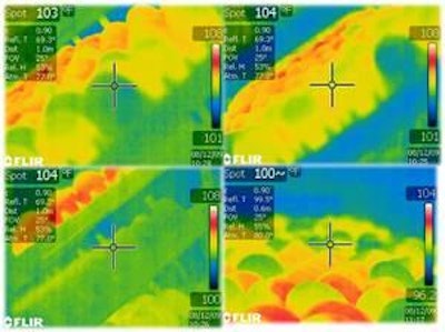 Fig. 1. Fotos de infrarrojo que muestran áreas de calor en la mitad de las bandejas en una incubadora multietapa. Este inconveniente se debe principalmente a problemas de ventilación.