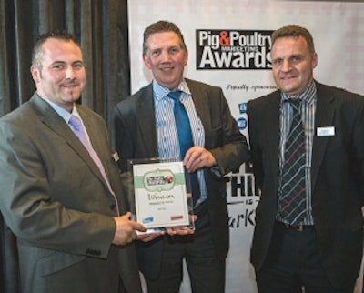 Receiving the Processor of the Year award from Elanco’s Matthew Evans are David Gibson, Moy Park director of agriculture and Alan Huston, Moy Park breeders and hatcheries general manager.