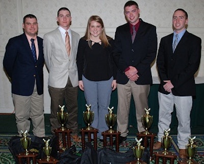 Members of the winning Texas A&M poultry judging team, from left, are Coach Jason Lee, Kyle Brown, Katie Burchfield, Michael Clay and Timothy Broderick.