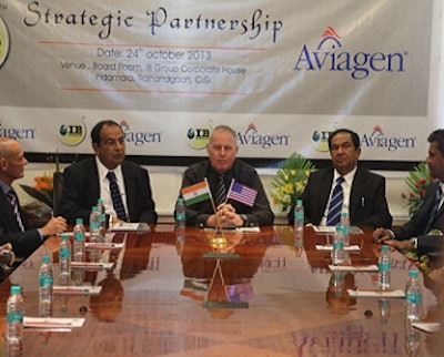 Officials from Aviagen India and Indian Broilers signed a cooperative agreement in October. Pictured, from left, are Paul Gittins, Aviagen India; Bahadur Ali, IB Group; Bob Dobbie, Aviagen International; Sultan Ali, IB Group; and B. Ramakrishna, Aviagen India.