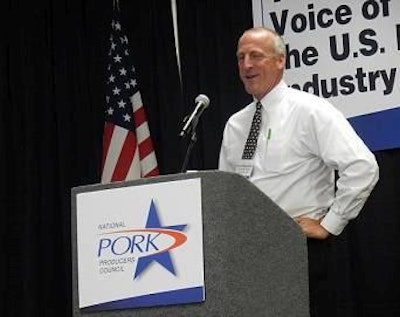 Brian Klippenstein, executive director of Protect the Harvest, speaks at World Pork Expo June 6.