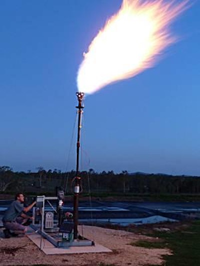 “Flaring,” or burning the greenhouse gas collected from pig effluent on a demonstration unit in Australia.