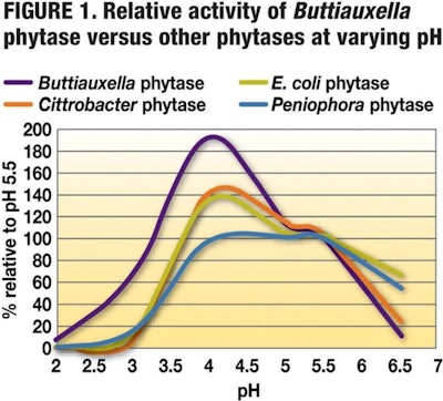 Danisco Animal Nutrition | Figure 1 shows the difference between E.coli phytases and a new Buttiauxella phytase in terms of activity at low pH. The Buttiauxella phytase shows a clear advantage.