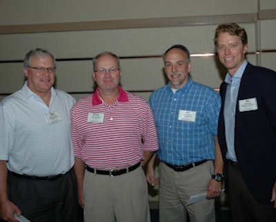 Chicken marketers with the closest prediction of the number of consumers eating more chicken in 2013 included, from left, Mike Sobel, Whataburger Restaurants; Randy Keene, Zaxby’s; and Jay Wilson, Cryovac-Sealed Air. Shown with the winners is Ted Rueger of Eastern Poultry Distributors.