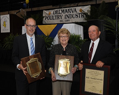 At the 2014 Delmarva Poultry Industry Booster Banquet, awards were presented, from left, to Dr. G. Donald Ritter, Connie Parvis and William Vanderwende.