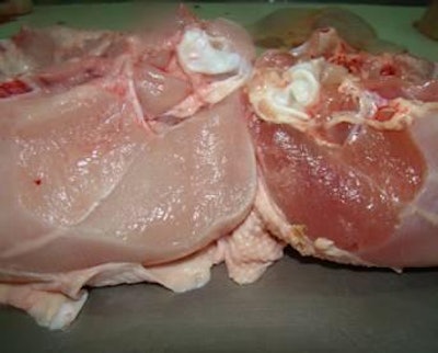 An example of dark, firm and dry meat, which can occur when birds are not correctly treated during capture and transport.