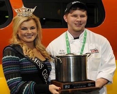 Jeff Clark, chef for Ruth's Chris restaurant, was named Best Overall Chili Winner at the 2014 International Production & Processing Expo. The award is presented by Carly Mathis, Miss Georgia.
