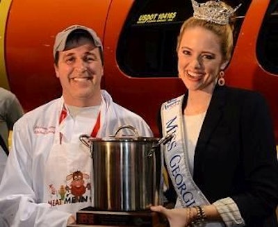 From left: Andrew Denaro, kitchen manager for Hard Rock Cafe Atlanta, was named Best Overall Chili Winner at the 2015 IPPE Meat Me in @LANTA competition. Miss Georgia, Maggie Bridges, presented the award.