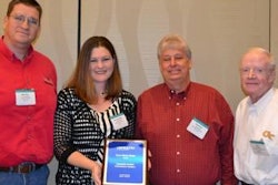 Marshall Durbin in Jasper, Ala., received Honorable Mention in the pre-treatment treatment category at USPOULTRY’s 2012 Clean Water Award’s presentation in Nashville, Tenn. Accepting the plaque is Amanda Durham, wastewater supervisor, and James Faison, vice president science and quality assurance, third from left. The plaque was presented by Dr. Brian Kiepper, left, University of Georgia, and the late Jim Walsh, Georgia Tech Enterprise Innovation Institute, far right.