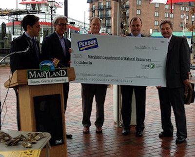 Perdue Farms presents $50,000 to the Marylanders Grow Oysters Program. Pictured, from left, are Annapolis Mayor Josh Cohen, EcoMedia President Paul Polizzotto, Perdue Farms Chairman Jim Perdue, Maryland Department of Natural Resources Secretary Joe Gill and Maryland Agriculture Secretary Buddy Hance.