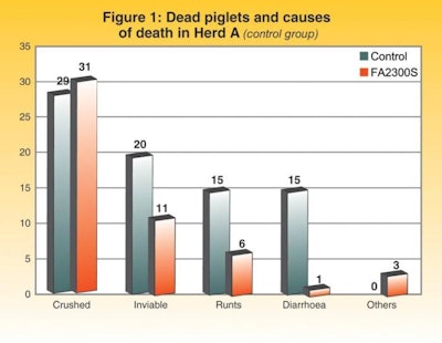 The health status and cause of death was closely monitored in Herd A. The numbers of piglets dead due to weakness, runt syndrome and diarrhea were in majority in the control group.