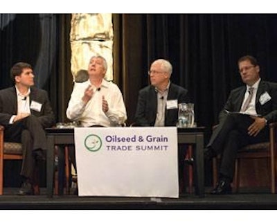 Panel at the Oilseed & Grain Trade Summit discusses game changing economic events in 2015: Daniel Redo, Thomason Reuters Lanworth; Dr. Michael Swanson, Wells Fargo Bank; Jim Tobin, Monsanto; Mark Zenuk, NGP Global Agribusiness Partners.