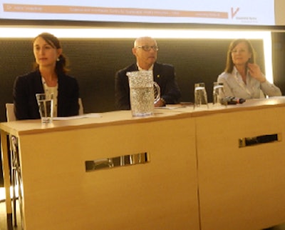 The animal welfare conference at VIV Europe 2014 featured speakers, from left, Aline Veauthier, Vincent Guyonnet and Anne-Marie Neetson-Van Nieuwenhoven.