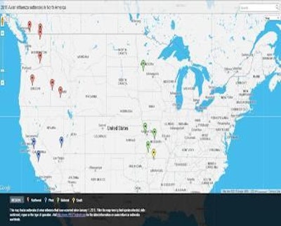 WATTAgNet's avian influenza map tracks confirmed cases of bird flu throughout North America.