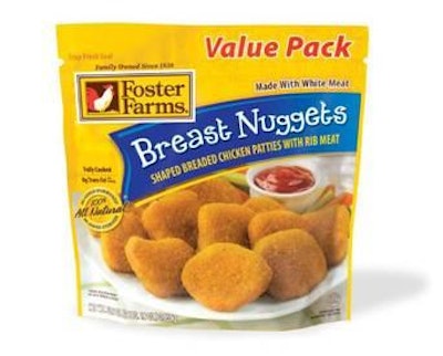 The frozen cooked chicken product line from Foster Farms includes chicken nuggets, chunks and strips.