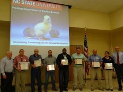 Helping to present the awards are N.C. Poultry Federation Executive Director Bob Ford, award recipients, and Dr. Mike Williams, Head of NCSU’s Prestage Department of Poultry Science.