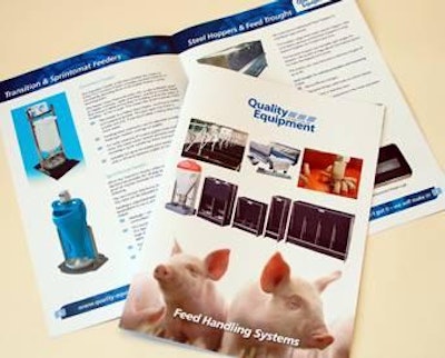 The brochure from Quality Equipment lists equipment needed to feed pigs.