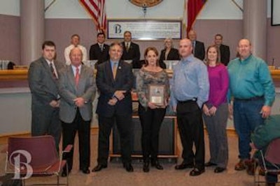 From left: Jason Barfknecht, Bryan Water Utilities Director; Tom McDonald, BVGCD Board member; Jason Bienski, Mayor-City of Bryan; Brenda Flick, Manager of Environmental Services for Sanderson Farms; Ross Harbison, Brazos Processing Division Manager for Sanderson Farms; Stephanie Shoemaker, Environmental Coordinator for Sanderson Farms; and Alan Day, General Manager for the Brazos Valley Groundwater Conservation District.