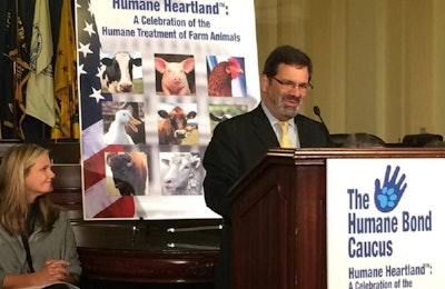 Rep. Gus Bilirakis speaks at a congressional hearing on 'The Humane Heartland,' while American Humane Association CEO Robin Ganzert looks on. | American Humane Association