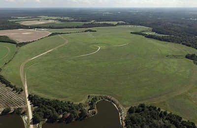 This aerial view of Riverside Farms land application site highlights irrigation areas as well as surrounding forests.