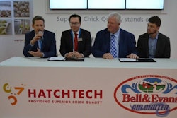 Joost Ter Heerdt, HatchTech commercial director, discusses plans for a new hatchery project with Bell & Evans, while Gilbert Klumpenaar, HatchTech international sales manager; Scott Sechler Sr., Bell & Evans president; and Scott Sechler Jr., Bell & Evans vice chair; look on. | Roy Graber