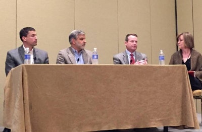 Dr. Scott Stehlik, general manager of technical operations at The Maschhoffs LLC (left), Dr. Philip Stayer, corporate veterinarian for Sanderson Farms Inc. (middle) and Beef Marketing Group CEO John Butler (right) speak at the Facts vs. Fears: Addressing Antibiotics in Animal Agriculture at the Annual Meat Conference 2016 in Nashville, Tennessee. | Gary Thornton