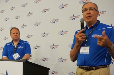 National Pork Producers council president John Weber (right) speaks at the World Pork Expo on Wednesday, June 8. Photo by Austin Alonzo.