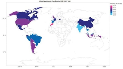 Geographical map showing the considerable variability in average poultry AME values for commercial corn samples across different regions of the world, ranging from as low as 3,150 kcal/kg up to 3,375 kcal/kg, a spread of 225 kcal/kg. | AB Vista