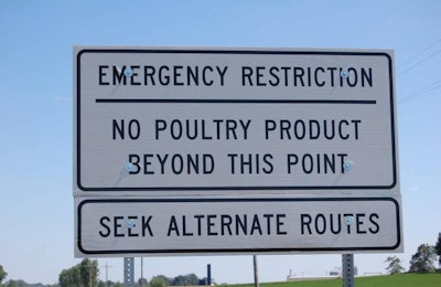 A highway sign, like this one found in Iowa, is a part of movement control measures used to limit the spread of exotic diseases like highly pathogenic avian influenza. | Terrence O'Keefe