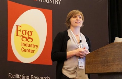 Dr. Maja Makagon, assistant professor of applied animal behavior at University of California, Davis’ Department of Animal Science, presents research findings as part of the Egg Industry Center Egg Industry Issues Forum in Columbus, Ohio. | Austin Alonzo.