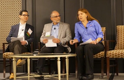 Dr. Matt Salois (left), director of global scientific affairs and policy at Elanco Animal Health, Dr. Ken Opengart (center), head of global animal health and welfare and US sustainability at Keystone Foods and Dr. Kate Barger (right), director of world animal welfare at Cobb-Vantress Inc., speak on a panel discussing the slow-growing broiler movement.