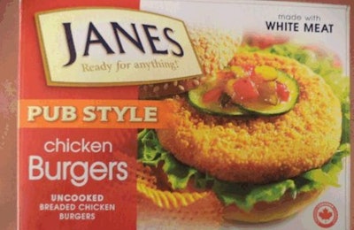 Sofina Foods' Janes Pub Style Chicken Burgers are being recalled by the company due to Salmonella concerns. | Photo courtesy of Canadian Food Inspection Agency